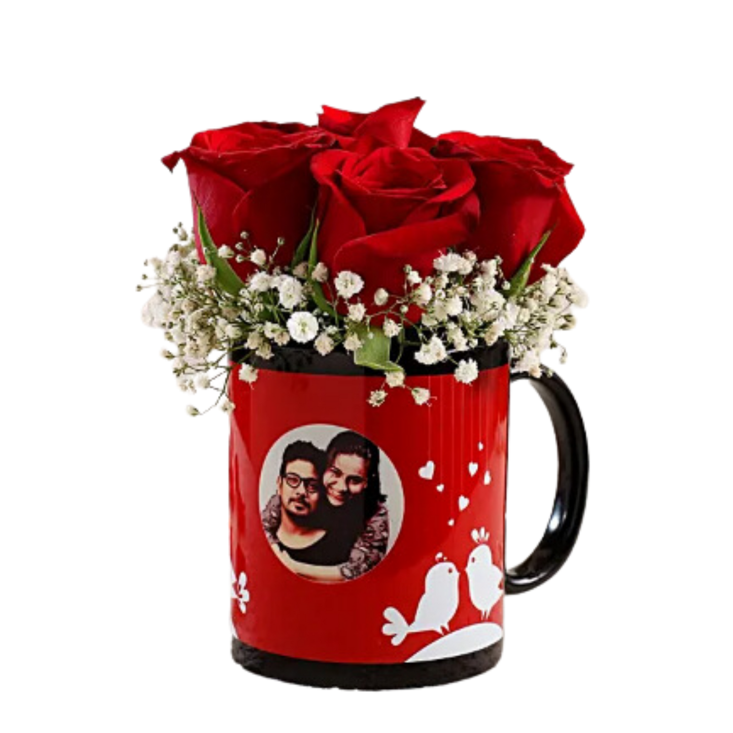 "Lovebirds Embraced by Red Roses: A Personalized Mug"