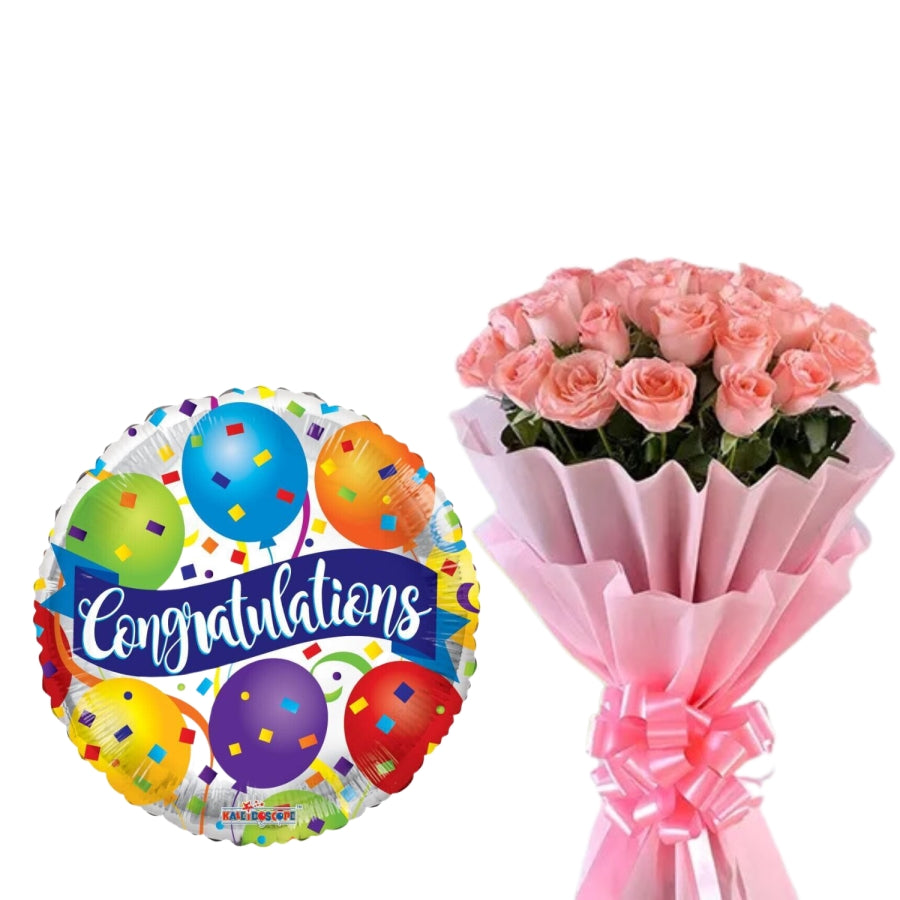 A Joyful Celebration: 15 Pink Roses and a Congratulations Balloon