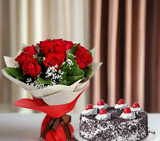 10 Red Roses and Blackforest Cake 500g