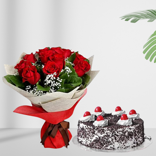 10 Red Roses and Blackforest Cake 500g
