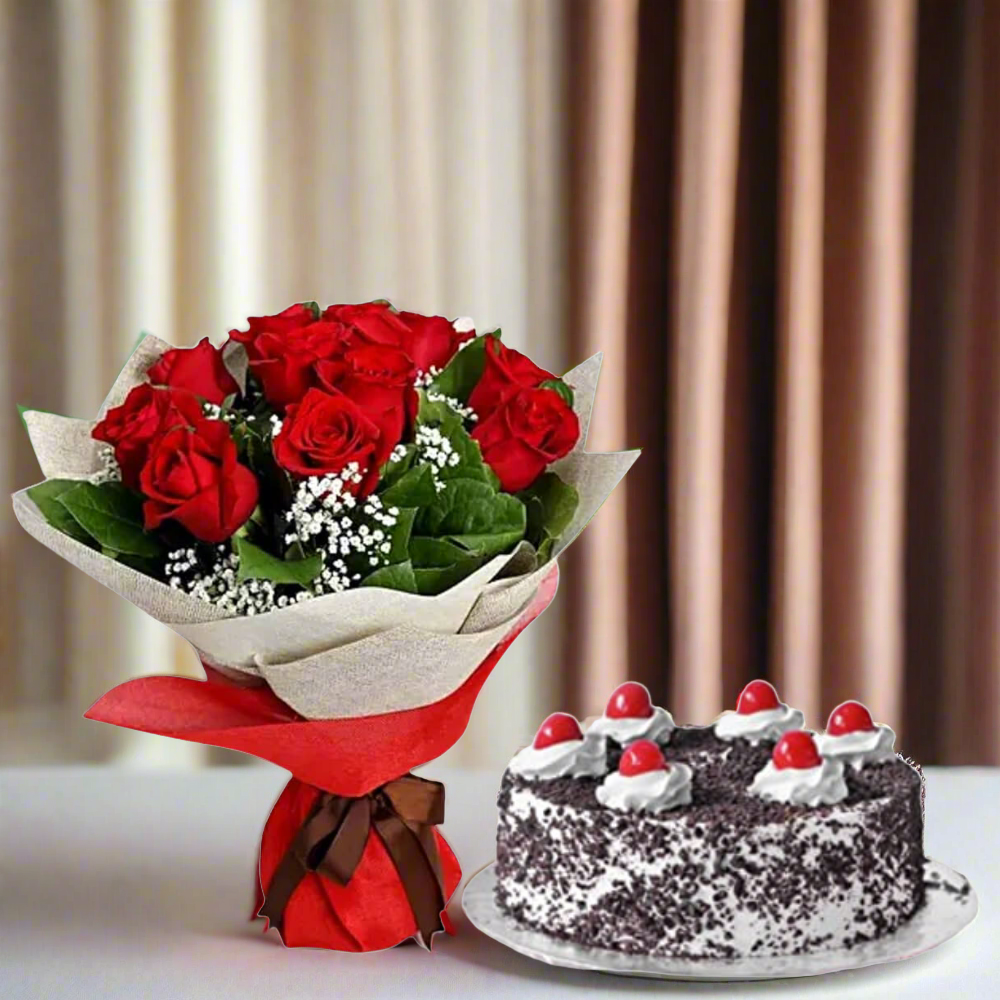 Gâteau aux 10 Roses Rouges et Forêt Noire 500g