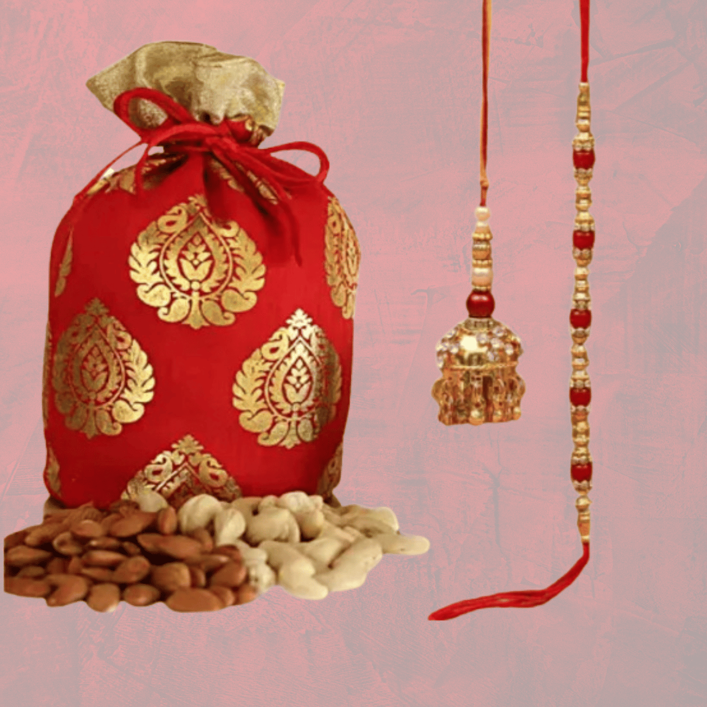 Bond of Togetherness: Bhai Bhabhi Rakhi Set with Almond and Cashew Nuts Potli