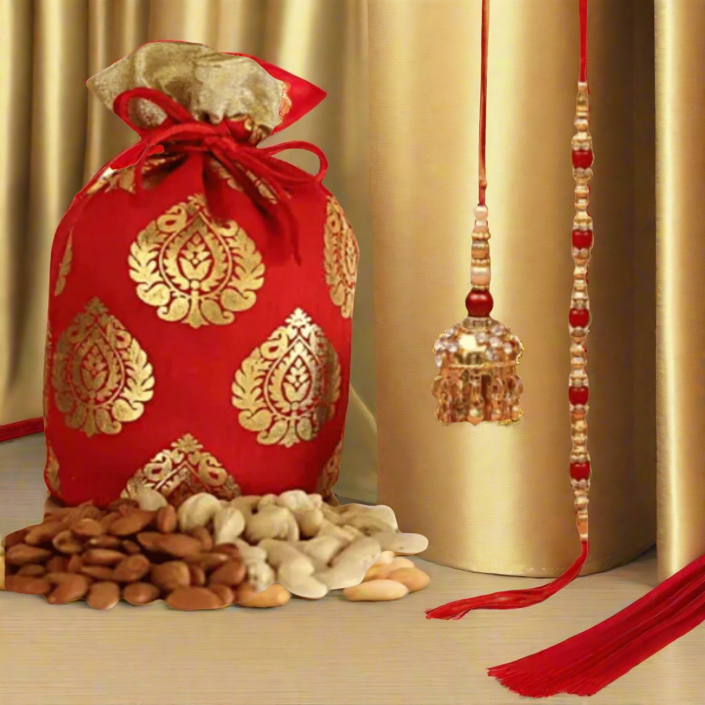 Bond of Togetherness: Bhai Bhabhi Rakhi Set with Almond and Cashew Nuts Potli